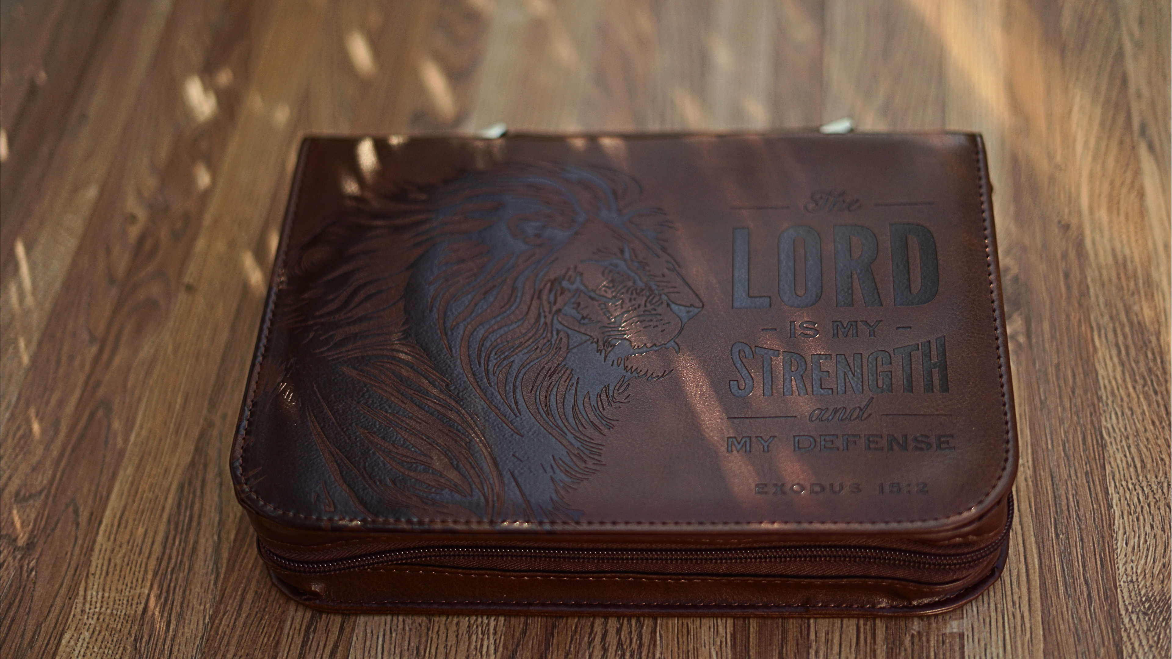 The Lord Is My Strength – Lion Honey‑Brown Faux Leather Bible Cover
