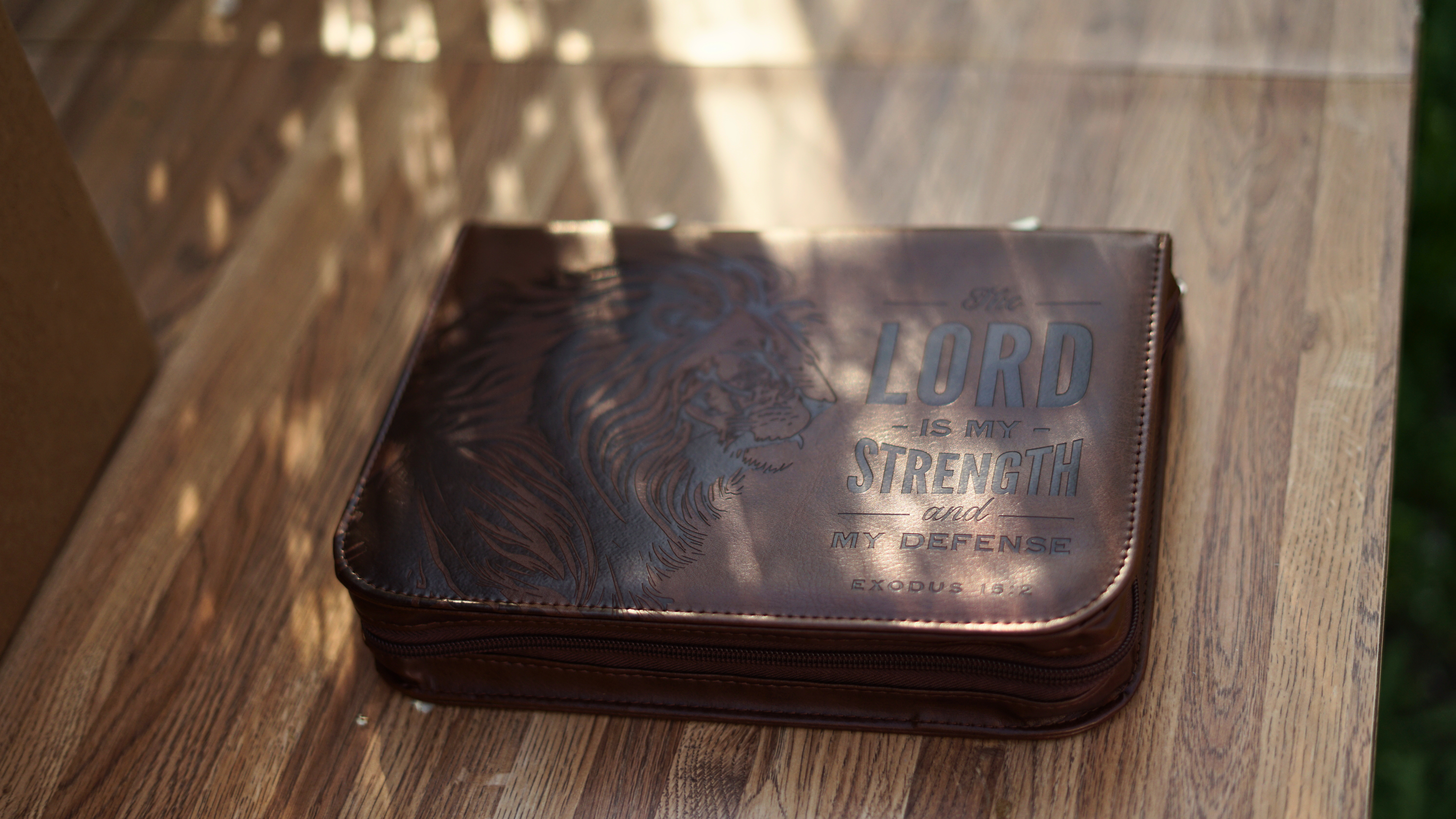 The Lord Is My Strength – Lion Honey‑Brown Faux Leather Bible Cover