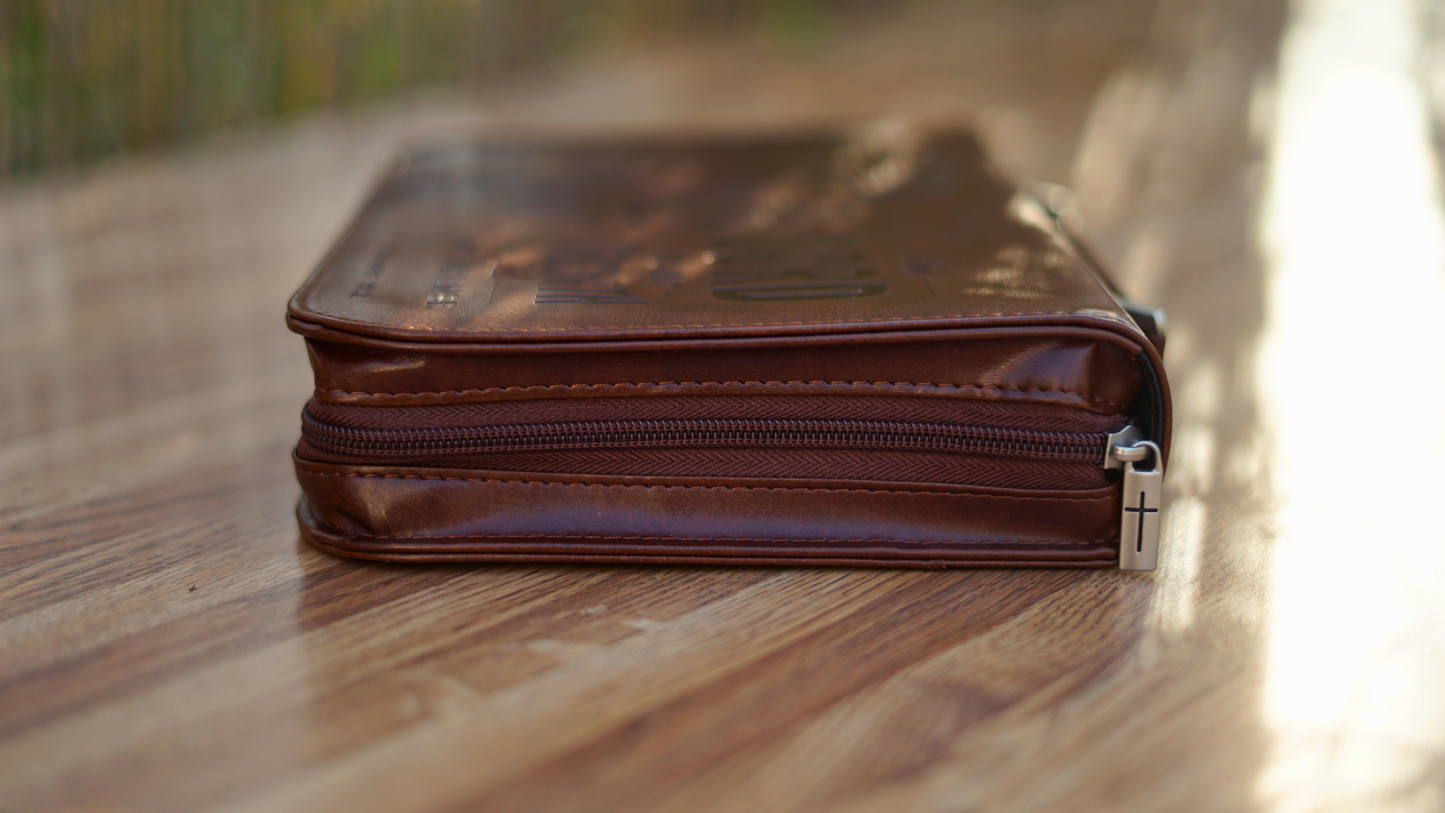 The Lord Is My Strength – Lion Honey‑Brown Faux Leather Bible Cover