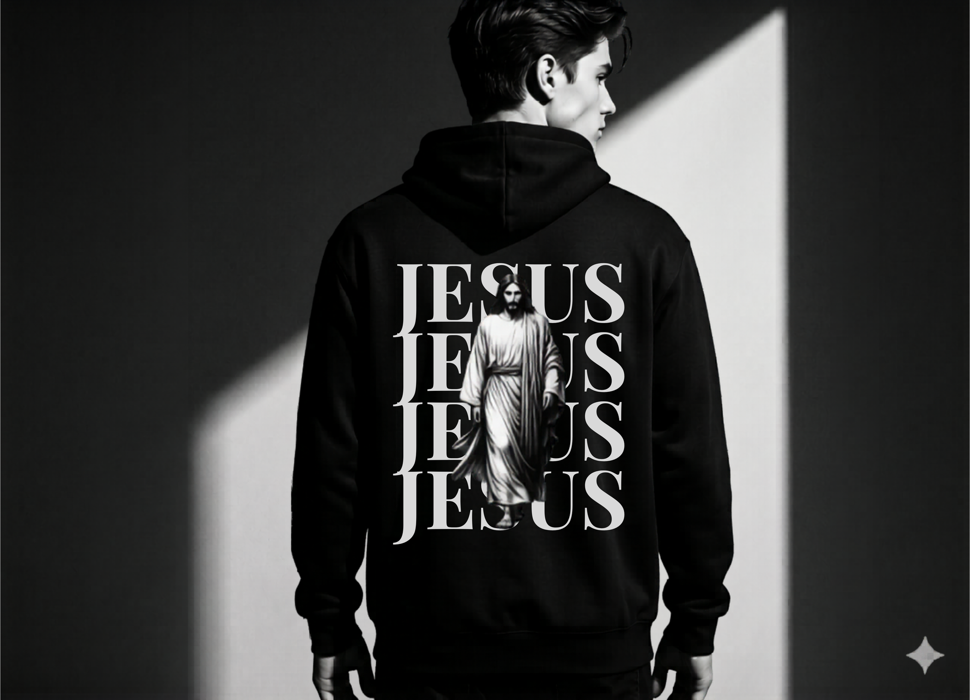 Jesus Silhouette minimalist premium heavyweight black christian hoodie back print typographic graphics by ECP Collection