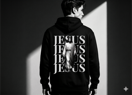Jesus Silhouette minimalist premium heavyweight black christian hoodie back print typographic graphics by ECP Collection