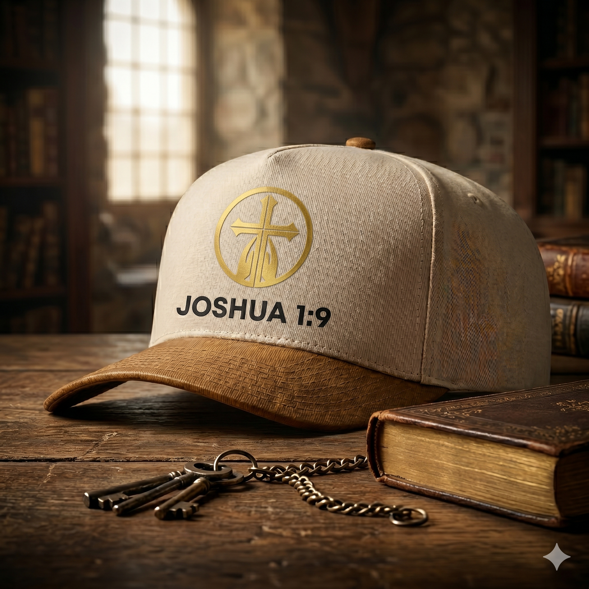 Premium beige cap featuring Joshua 1:9 text and a gold cross emblem with a brown textured brim on a white background